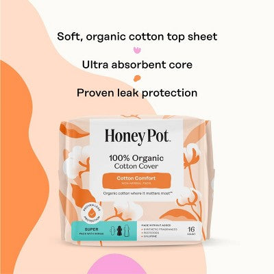 Honey Pot 100% Organic Cotton Comfort Cover Super Pads - 16 ct