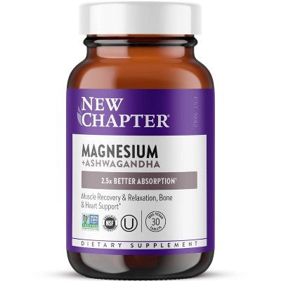 New Chapter Magnesium + Ashwagandha for Muscle & Relaxation Support, 325 mg with Magnesium Glycinate, Non-GMO Vegan Tablets - 30 ct