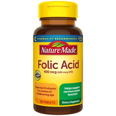 Nature Made Folic Acid 400 mcg (665 mcg DFE) Tablets, USP Verified - 250ct