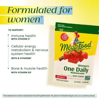 MegaFood Womens Multivitamin with Vitamin D & Vitamin B, Vegetarian - Mixed Berry Soft Chew- 30ct