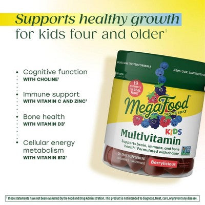 MegaFood Kids' Multivitamin, Vitamin C, Vitamin D & Choline, Vegetarian Gummies - 60ct
