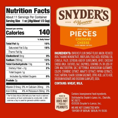 Snyder's of Hanover Pretzel Pieces Cheddar Cheese - 11.25oz: Baked, Mild, No High Fructose Corn Syrup