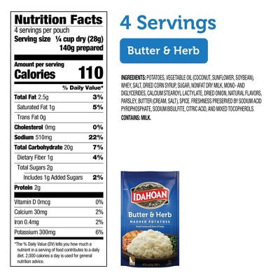 Idahoan Gluten Free Butter & Herb Mashed Potatoes - 4oz: Wheat Free, Plant-Based