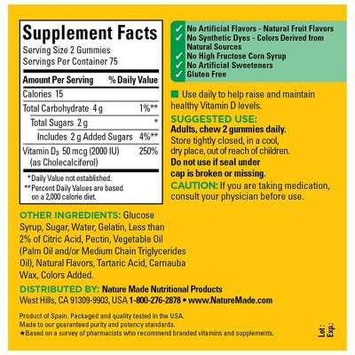 Nature Made Vitamin D3 2000 IU (50 mcg), for Bone Health and Immune Support Vitamin Gummies - 150ct