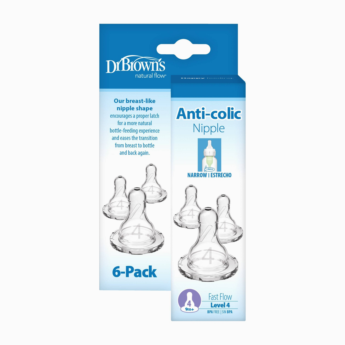 Dr. Brown's Level 4 Narrow Baby Bottle Silicone Nipples, Fast Flow 6pk 9m+