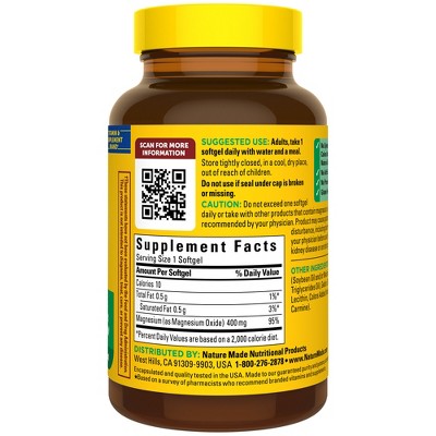 Nature Made Extra Strength Magnesium Oxide 400mg, Muscle, Nerve, Bone, Heart Support Softgels - 60ct