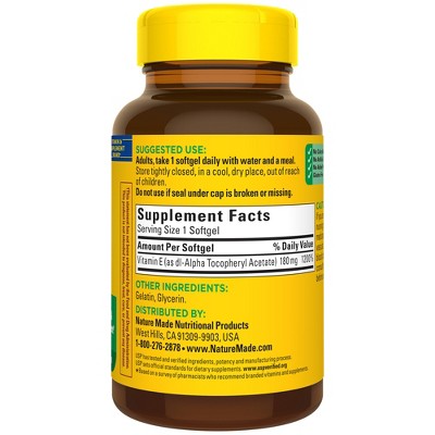 Nature Made Vitamin E 180 mg (400 IU) dl-Alpha for Antioxidant Support Softgels, USP Verified - 180ct