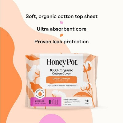 Honey Pot 100% Organic Cotton Comfort Cover Regular Pads - 20 ct