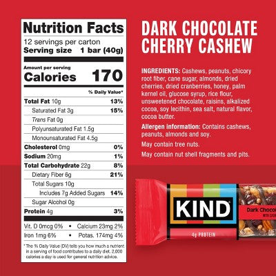 KIND Bars Dark Cherry Cashew Gluten Free Snacks - 16.8oz/12ct