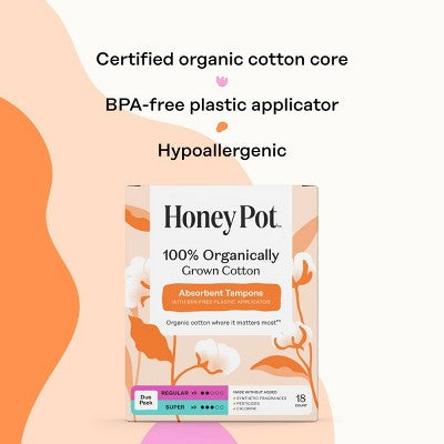 Honey Pot 100% Organically Grown Cotton Tampons - Duo Pack – Reg - Sup - 18 ct