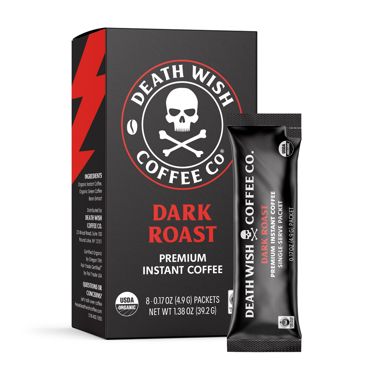 Death Wish Coffee Organic Fair Trade Strong Instant Coffee Dark Roast 8ct