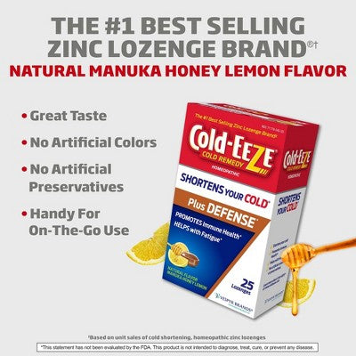 Cold-Eeze Plus Defense Manuka Honey Lemon Lozenges: Zinc Formula for Cold Relief, 25 Count