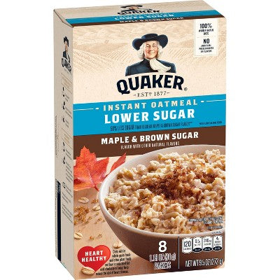 Quaker Low Sugar Instant Oatmeal Maple Brown Sugar - 9.5oz/8ct: No Artificial Preservatives, No Artificial Flavors, Whole Grain