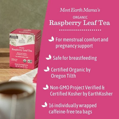 Earth Mama Organic Raspberry Leaf for Labor Prep and Menstrual Support Herbal Bagged Teas - 16ct