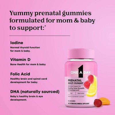 One A Day Prenatal Vitamins for Women Gummies with Folic Acid - Raspberry, Orange & Cherry - 120ct