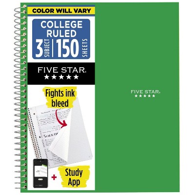Five Star 3 Subjects 150pg College Ruled Spiral Notebook (Colors May Vary): Perforated, Acid-Free, 3 Hole Punched, Flexible Cover