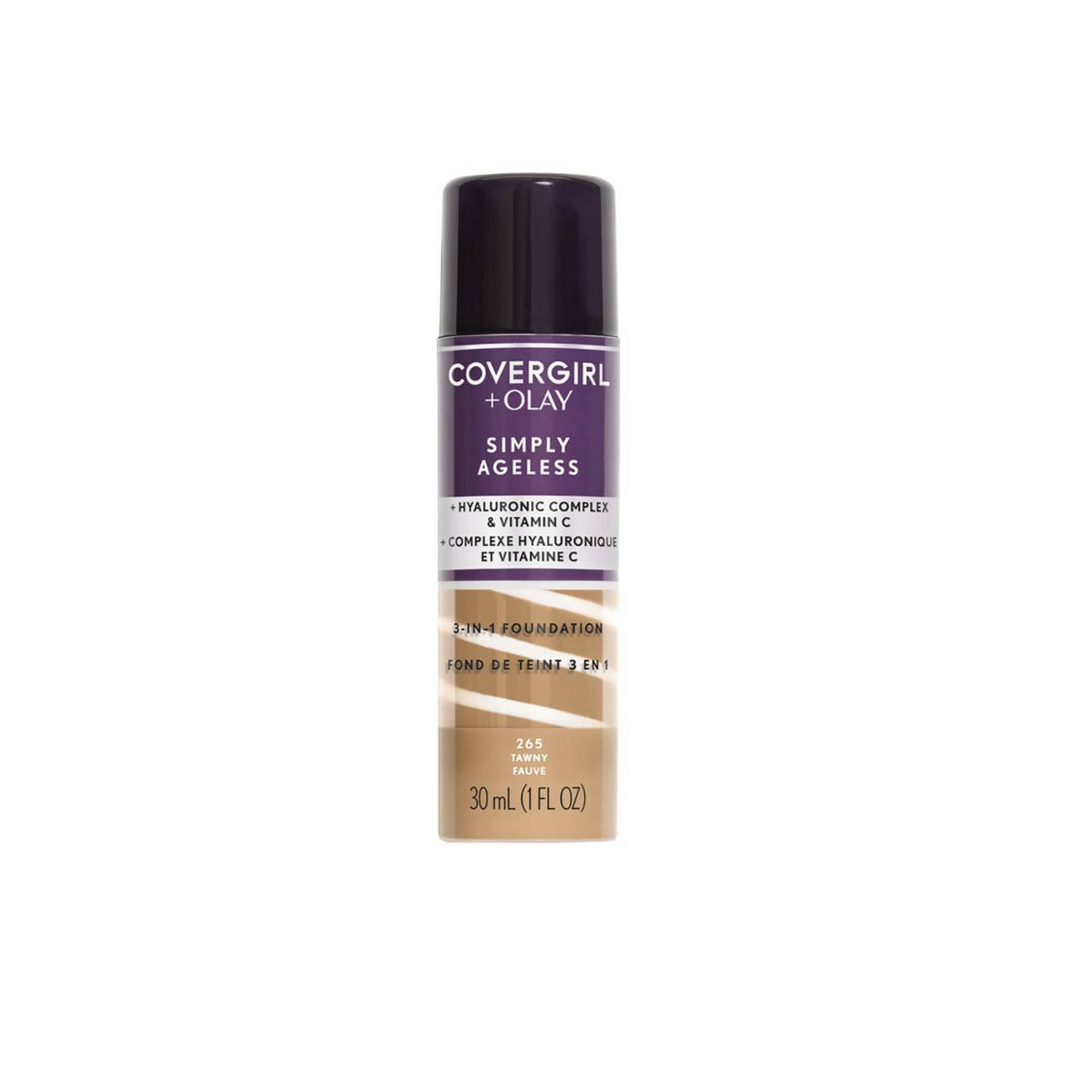 COVERGIRL + Olay Simply Ageless 3-in-1 Liquid Foundation with Hyaluronic Complex + Vitamin C, 265 Tawny - 1 fl oz