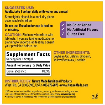 Nature Made Extra Strength Biotin 2500 mcg Softgels, USP Verified -150ct