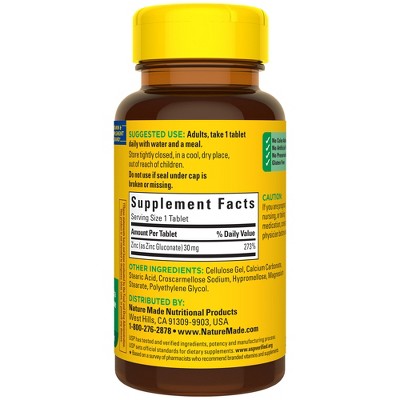 Nature Made Zinc 30 mg Tablets, Zinc Supplements for Antioxidant and Immune Support, USP Verified - 100ct