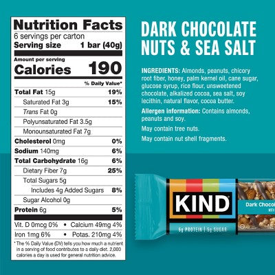 KIND Bars Dark Chocolate Nuts & Sea Salt Gluten Free Snacks - 6ct