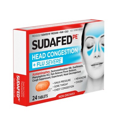 Sudafed PE Head Congestion + Flu Severe Tablets - 24ct: Acetaminophen 325mg Unflavored Cold Relief Caplets