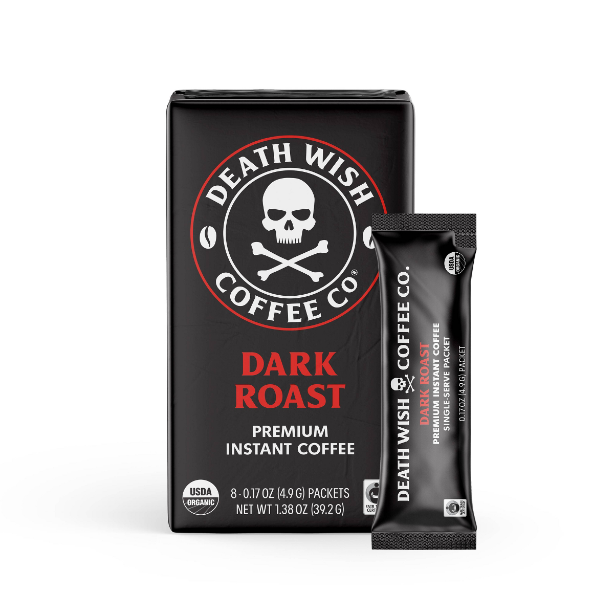 Death Wish Coffee Organic Fair Trade Strong Instant Coffee Dark Roast 8ct