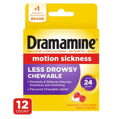 Dramamine All Day Less Drowsy Motion Sickness Relief Chewable Tablets - Raspberry Cream - 12ct