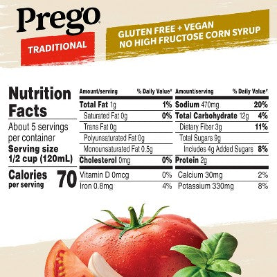 Prego Pasta Sauce Traditional Italian Tomato Sauce 24oz: Gluten-Free, No Artificial Colors, Vegan