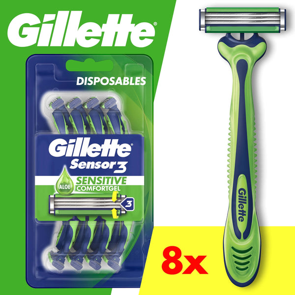 Gillette Sensor 3 Sensitive Men 3 Blade Disposable Razor,8 count