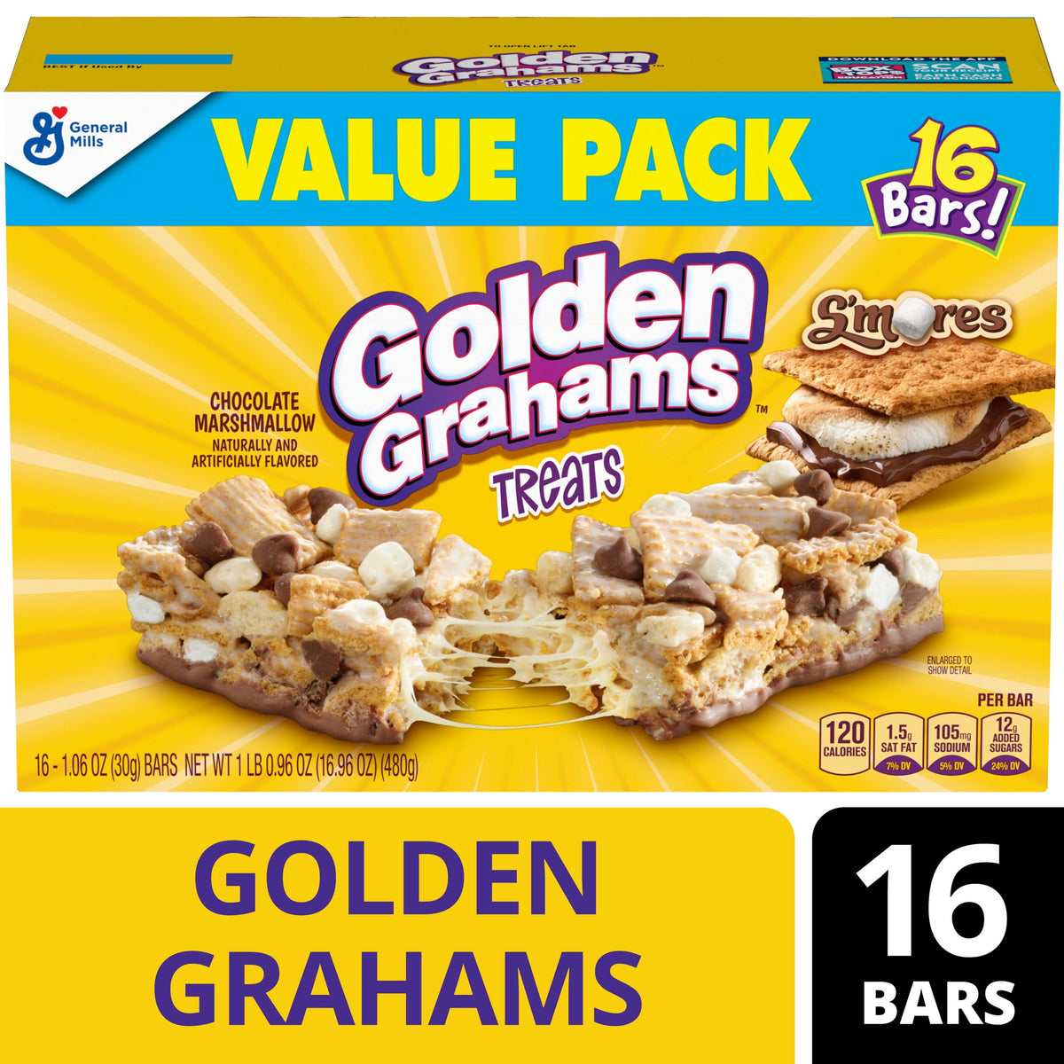 Golden Grahams Cereal Treat Bars, S'mores, Snack Bars, Value Pack, 16 Count, 16.96 oz