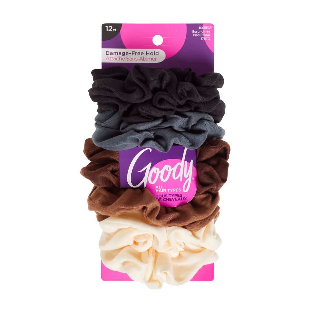 Goody Cotton Hair Scrunchies, Ouchless, Gentle & All Day-Comfort, Assorted Fabric Hair Ties, 12 Ct