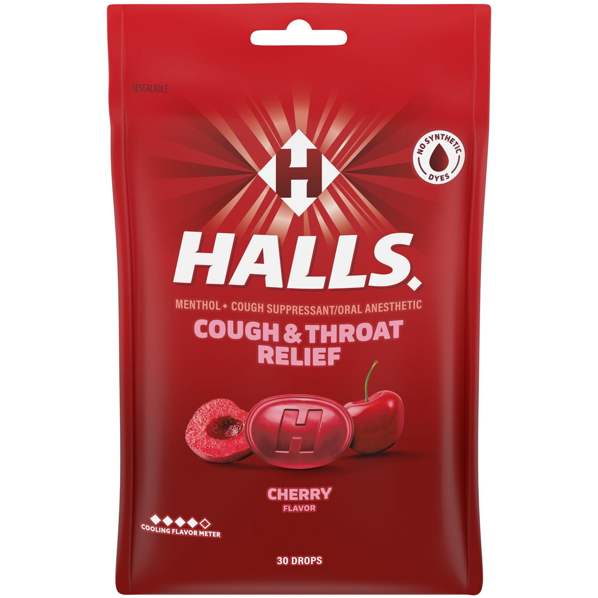HALLS Cough and Throat Relief Cherry Cough Drops, No Synthetic Dyes, FSA/HSA Eligible, 30 Drops