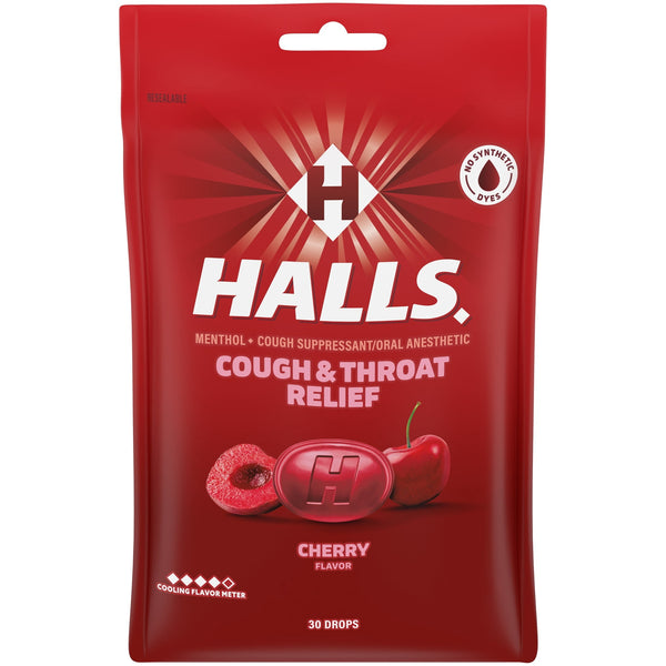 HALLS Cough and Throat Relief Cherry Cough Drops, No Synthetic Dyes, FSA/HSA Eligible, 30 Drops