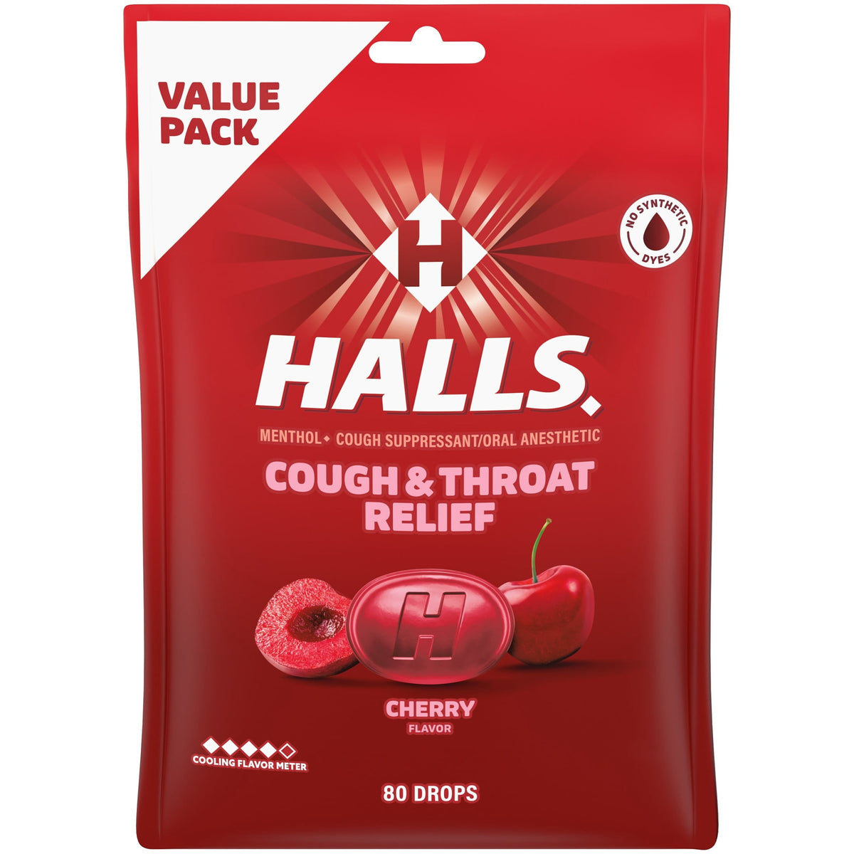 HALLS Cough & Throat Relief Cherry Cough Drops, No Synthetic Dyes, Value Pack, 80 Drops