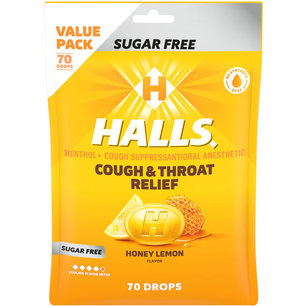HALLS Cough and Throat Relief Honey Lemon Sugar Free Cough Drops, Value Pack, 70 Drops