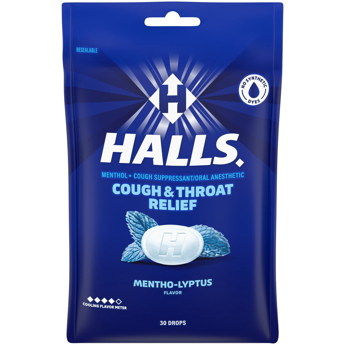 HALLS Cough & Throat Relief Mentho-Lyptus Cough Drops, No Synthetic Dyes, FSA/HSA Eligible, 30 Drops