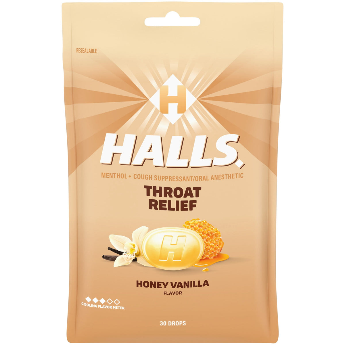 HALLS Throat Relief Honey Vanilla Cough Drops, FSA/HSA Eligible, 30 Drops