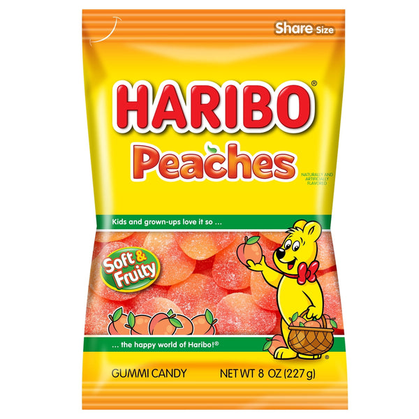 HARIBO Peaches Gummies Fruity Peach Flavor Gummy Candy, 8 oz, Share Size Bag