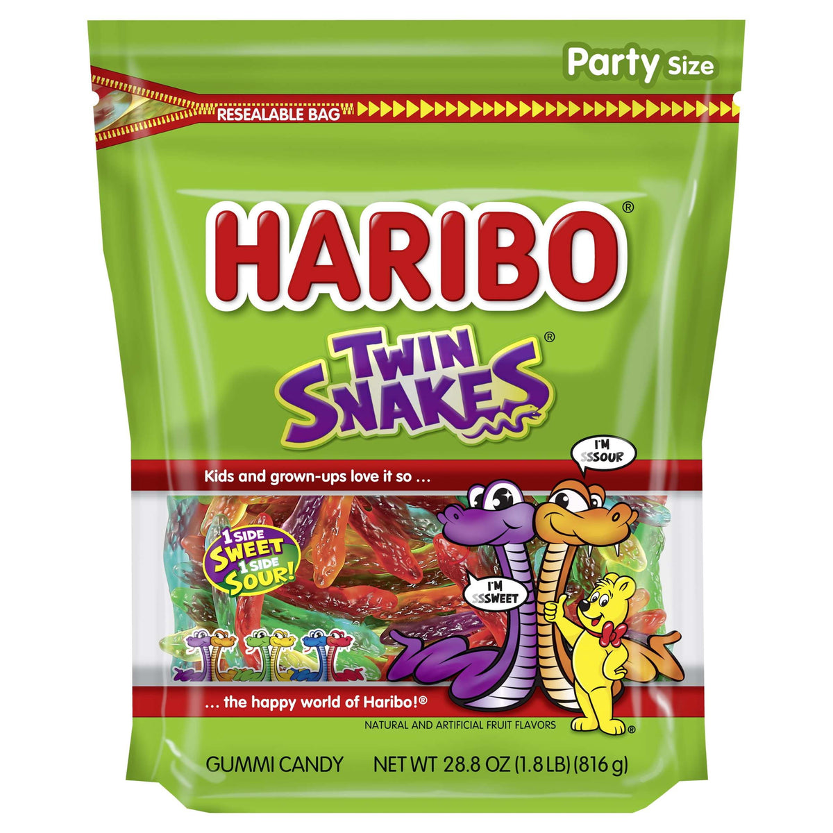 HARIBO Twin Snakes Gummies Original Sweet and Sour Assorted Fruit Flavor Gummy Candy, 28.8 oz, Bulk Party Size Bag
