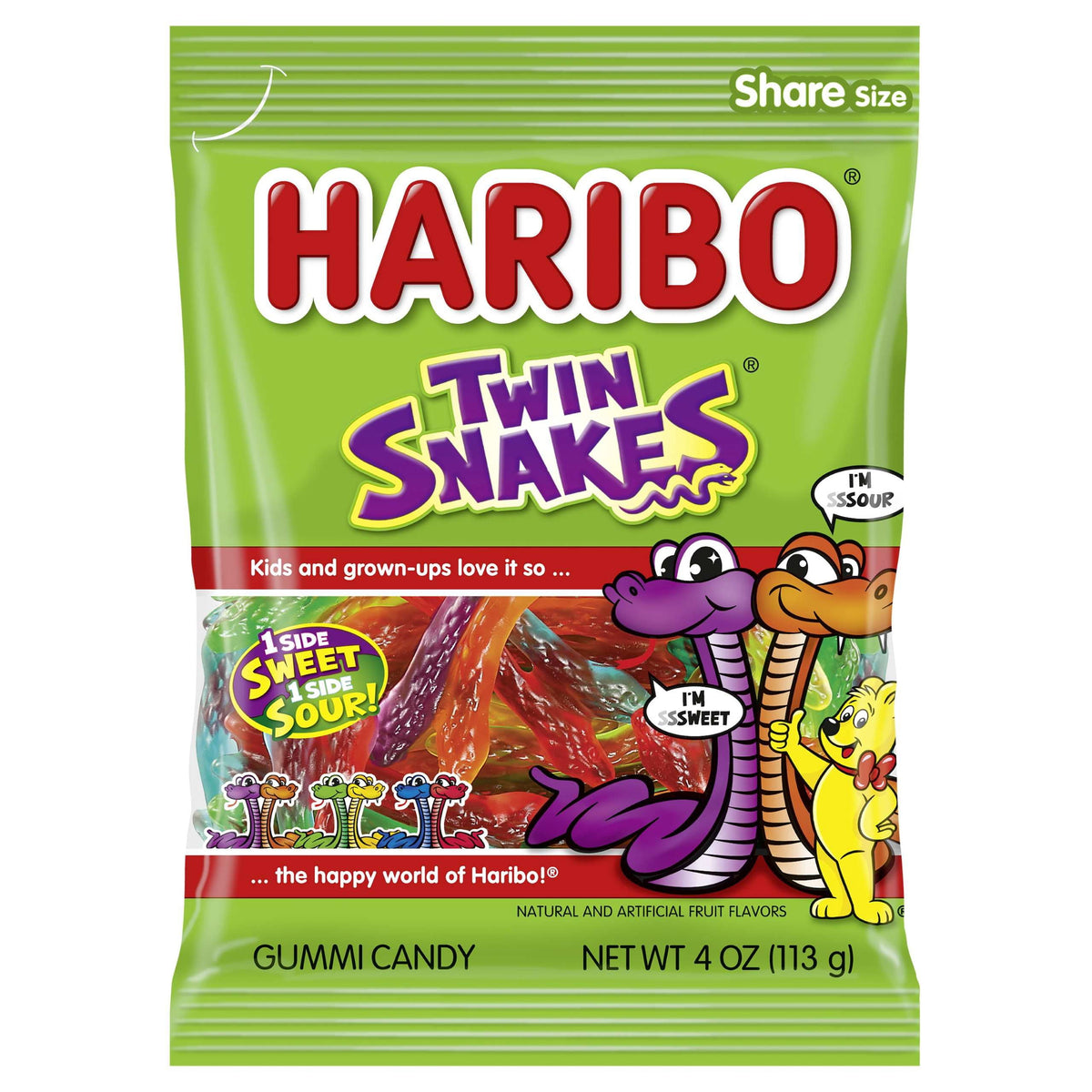 HARIBO Twin Snakes Gummies Original Sweet and Sour Assorted Fruit Flavor Gummy Candy, 4 oz Bag