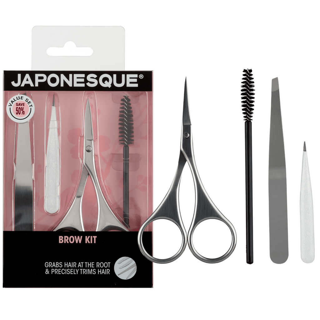 Japonesque Brow Grooming Kit, Includes Slant Tweezer, Point Tweezer, Scissors & Spoolie, 4 Piece