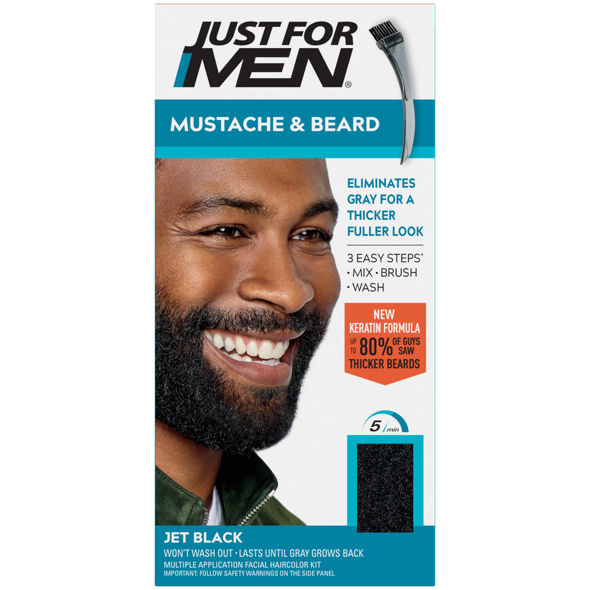 Just For Men Mustache & Beard, Beard Coloring for Gray Hair with Brush, With Keratin Biotin Aloe and Coconut Oil for Healthy Facial Hair - Jet Black