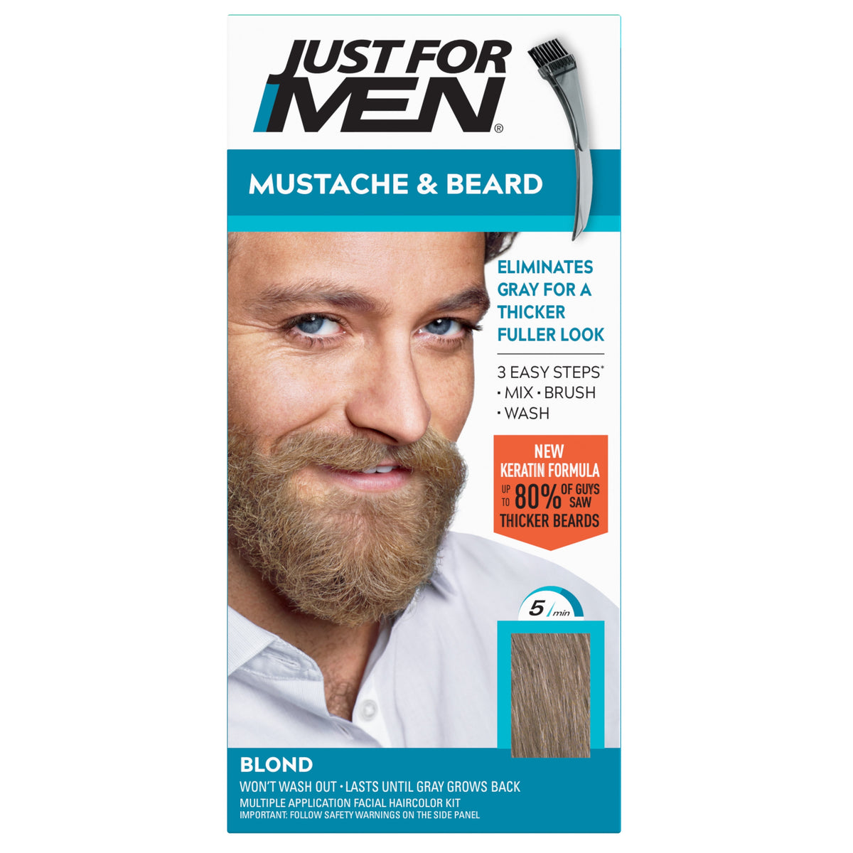 Just For Men Mustache & Beard, Beard Dye for Men with Brush Included, With Keratin Biotin Aloe and Coconut Oil for Healthy Facial Hair - Blond