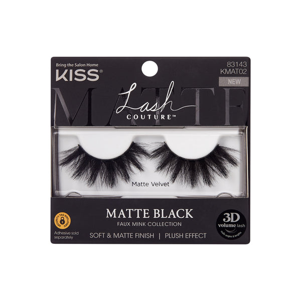 Kiss Lash Couture 16mm Matte Black Faux Mink False Eyelashes, Matte Velvet, Strip Lashes, Black, 1 Pair