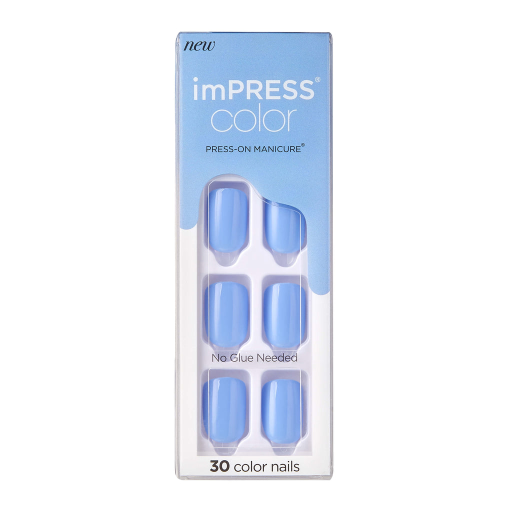 Impress Color Press On Nails, No Glue Needed, Solid Blue, Short Squoval, 30 Ct.