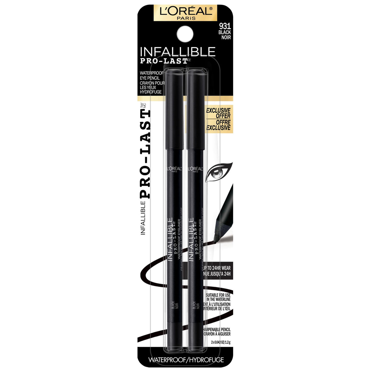 L'Oreal Paris Infallible Pro Last Waterproof Eyeliner, Black, 2 Pack