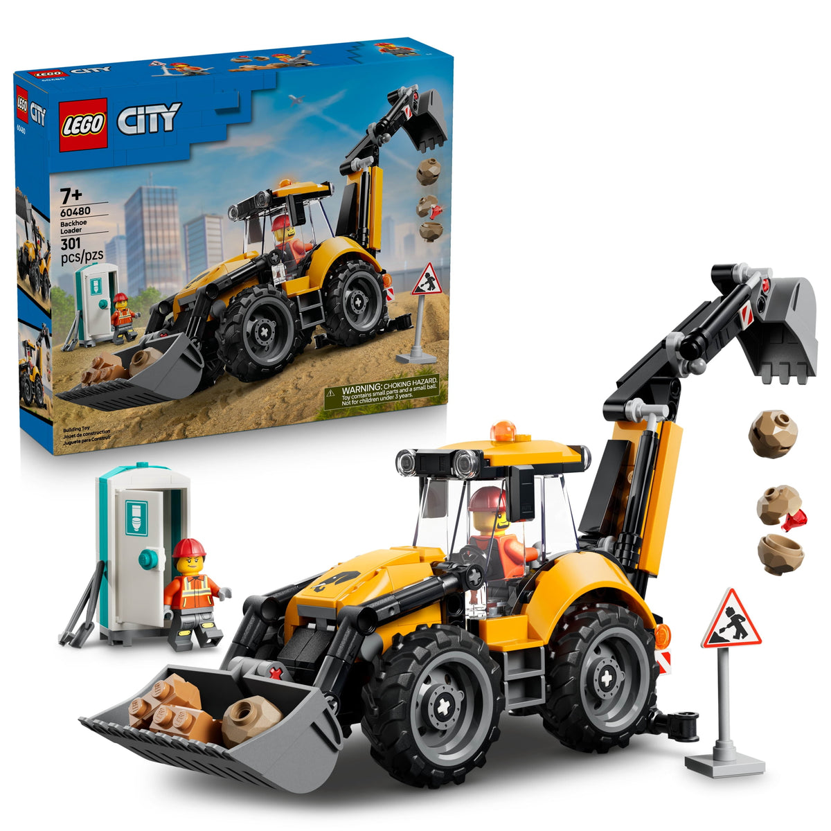 LEGO City Yellow Backhoe Loader Construction Building Toy 60480, Ages 7+
