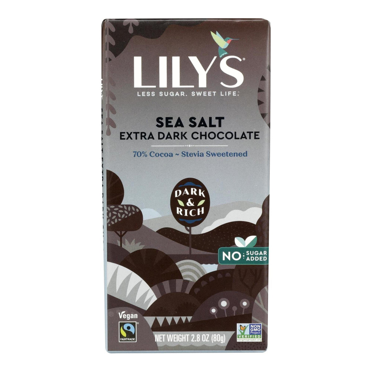 LILY'S Sea Salt Extra Dark Chocolate Style No Sugar Added, Gluten Free Sweets, Bar 2.8 oz