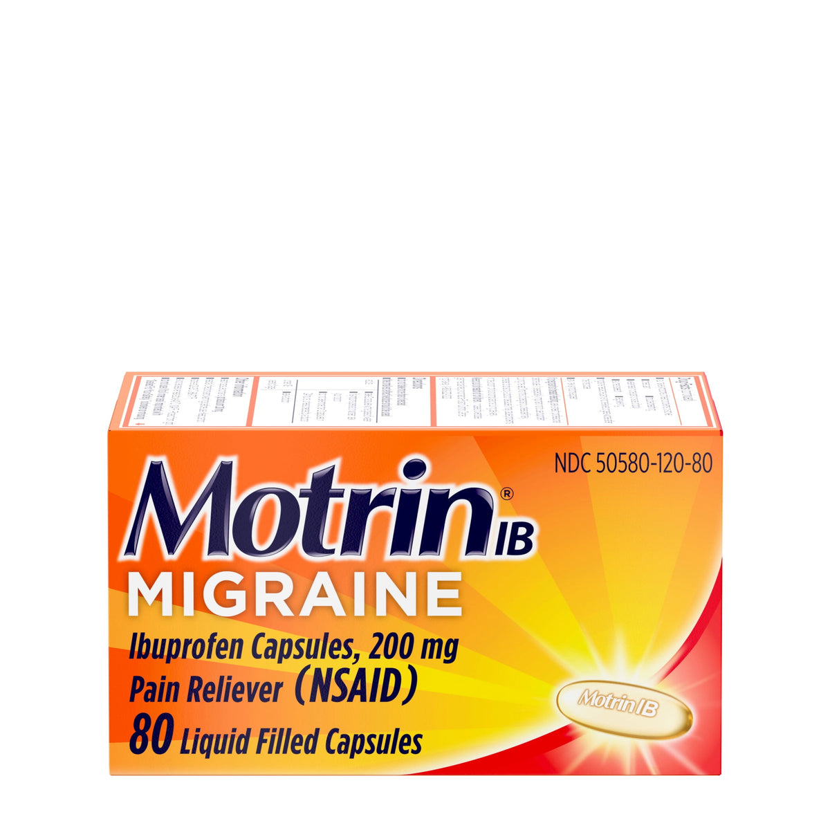 Motrin IB Migraine Relief Liquid Gel Capsules, 200 mg Ibuprofen, 80 Count