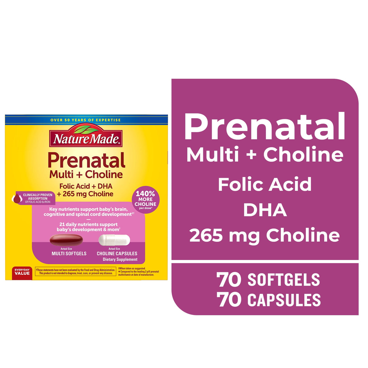 Nature Made Prenatal Vitamins Softgels + Choline Supplement Capsules, 70 + 70 Count